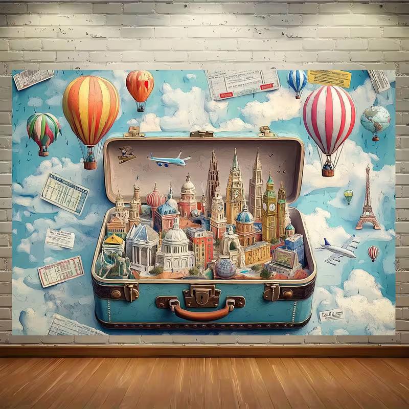 2D Blue Fantasy World Map Background Cloth, Illustrated Landmark & Adventure Themed Backdrop