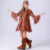 Music Festival Children's Retro Disco Costumes, Halloween Girl Print Hippie Fringed Performance Costumes