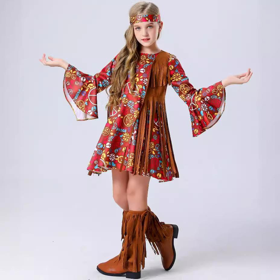 Music Festival Children's Retro Disco Costumes, Halloween Girl Print Hippie Fringed Performance Costumes