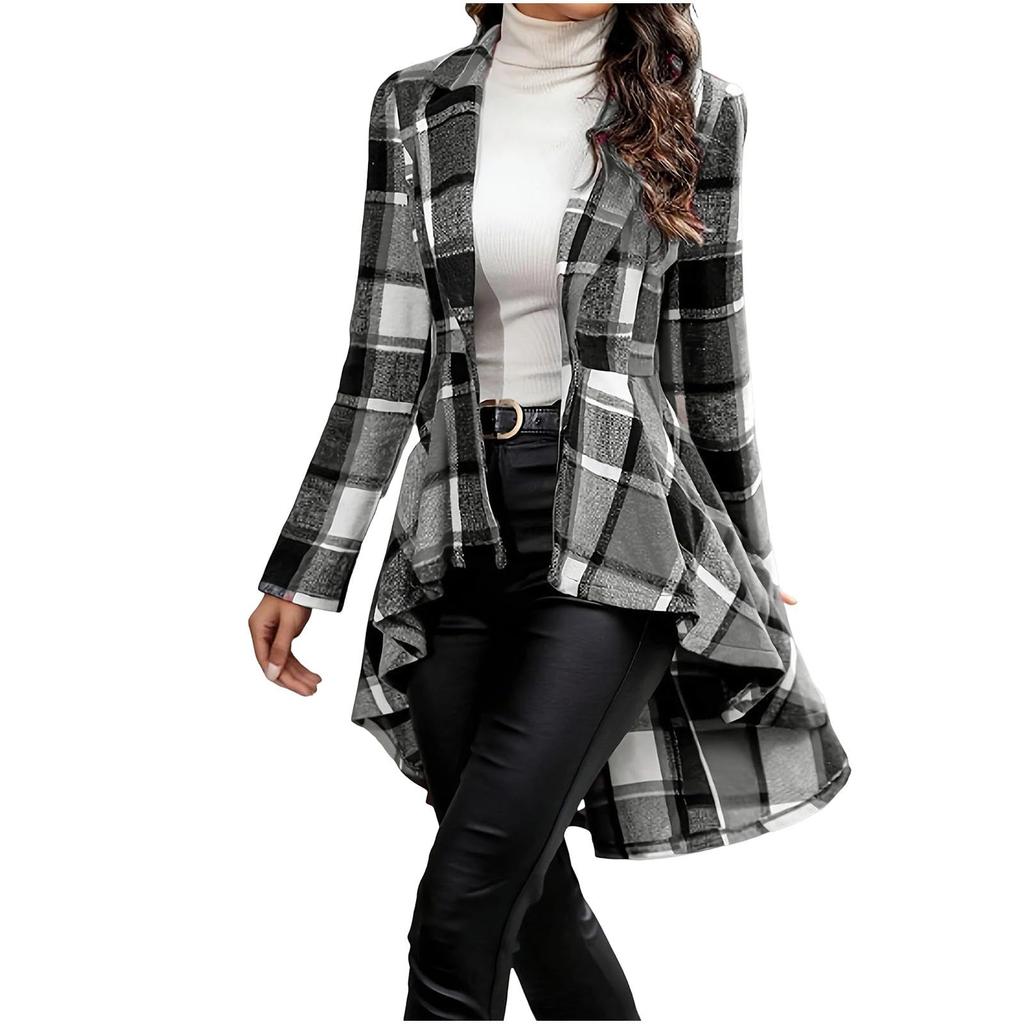 Ladies' Plaid Printed Fashionable Long Sleeved Jacket Cardigan