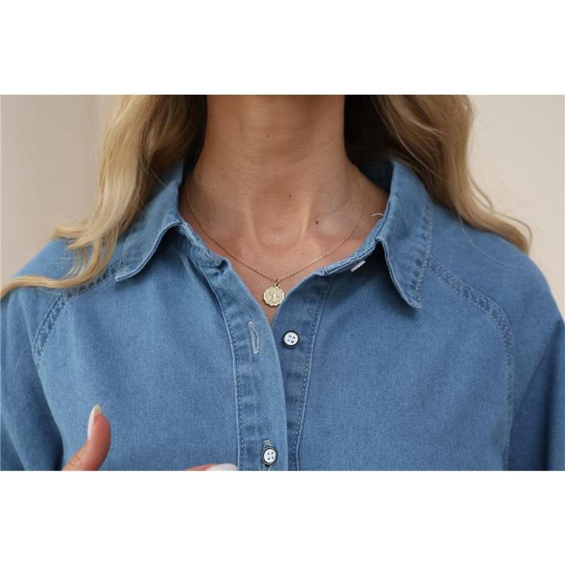 Women Denim Shirt Dress Lapel Collar Button Down Puff 3/4 Sleeve Ruffle Cuff Loose A Line Mini Dress Casual Daily Outfit