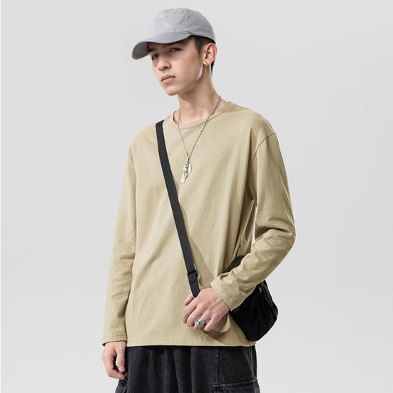 Men Long Sleeve T-Shirt Crew Neck Loose Fit Cotton Base Shirt Solid Color Casual Tee Shirt for Spring Autumn Casual Wear