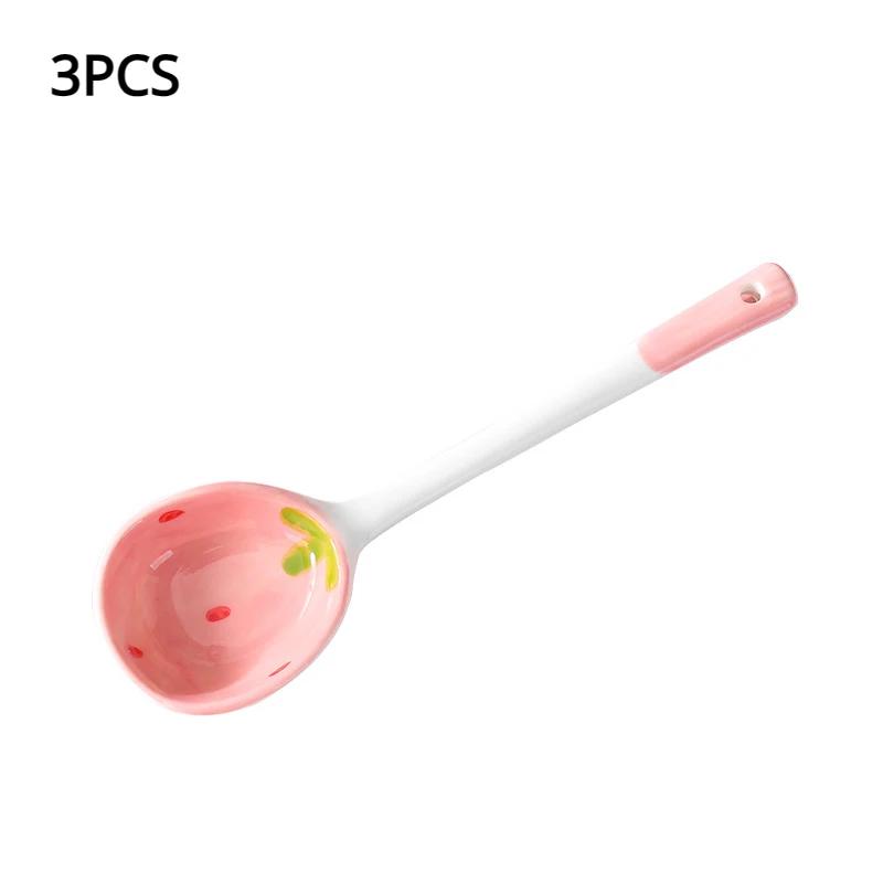 Jordgubb Keramisk Soppsked Söt Koreansk Glass Handmålad Kaffe Dessert Långskaftad Sked Kökstillbehör
