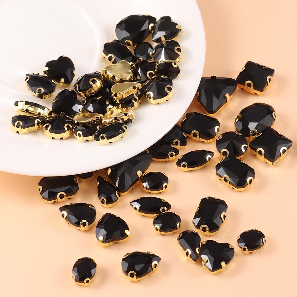 Mixed size glass rhinestone with claw cut diamond on stone bar, K gold base metal crystal, used for embroidery 50 pieces/pack
