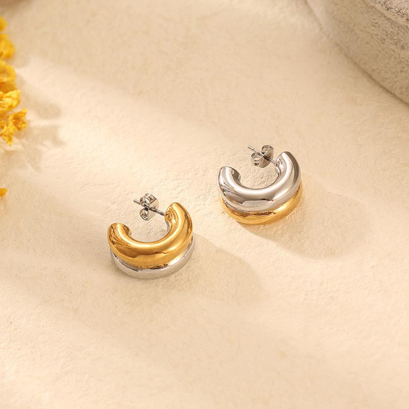 Minimalist Gold&Silver Plated Mix Stainless Steel Earrings for Women Double Layer C Shaped Small Hoop Earrings Jewelry