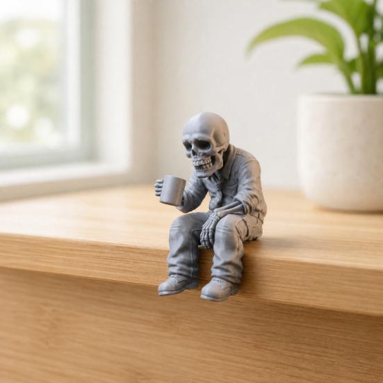 3D Printed Sitting Skeleton Statue with Coffee Cup, Drinking Coffee Skull Figurine, Compact Desktop Decoration for Office Study Room Ornaments