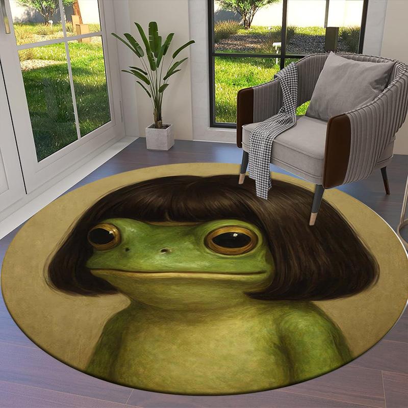 1pc Frog with Human Haircut Round Carpet, Made of Polyester,Perfect for Decorating Office Chairs, Living Rooms,Vibrant Decorative Rug