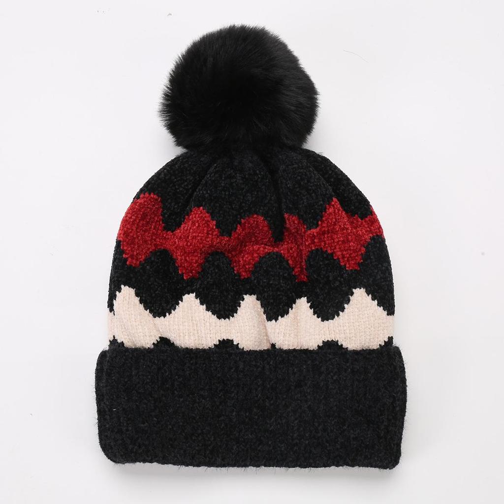 Women's Autumn Winter Plush Warm Knit Hat Chenille Soft Wave Wool Ball Wool Hat