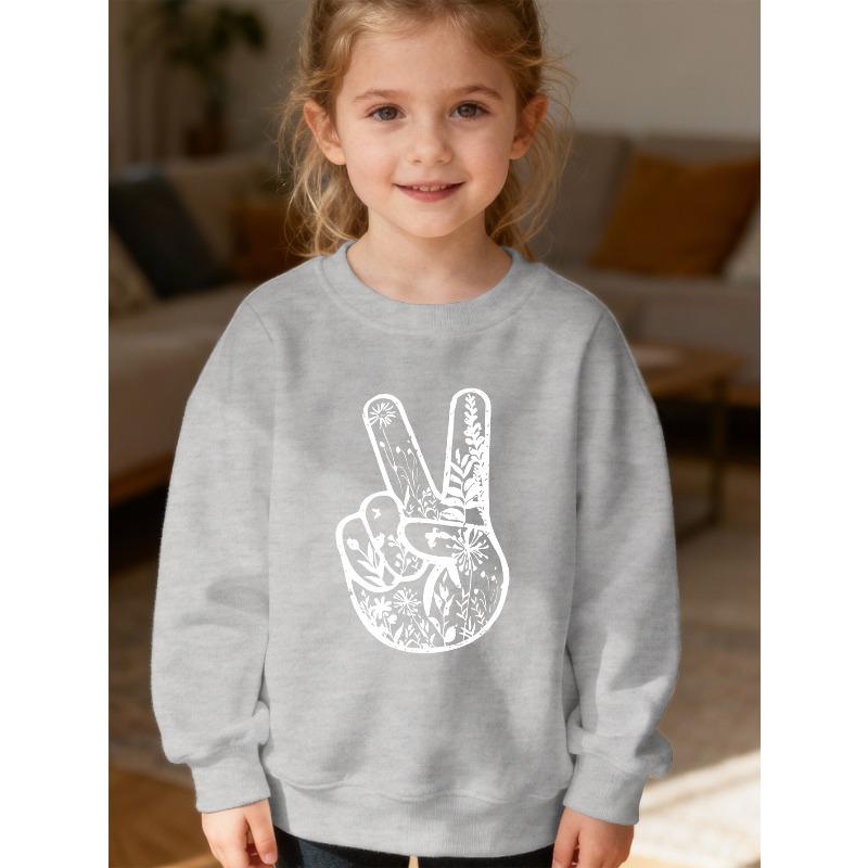 Kids Unisex Crewneck Sweatshirt, Floral Peace Sign Hand Vintage Print Long Sleeve Pullover, Soft Kids Sweatshirt For Boys Girls Over 4 Years Old