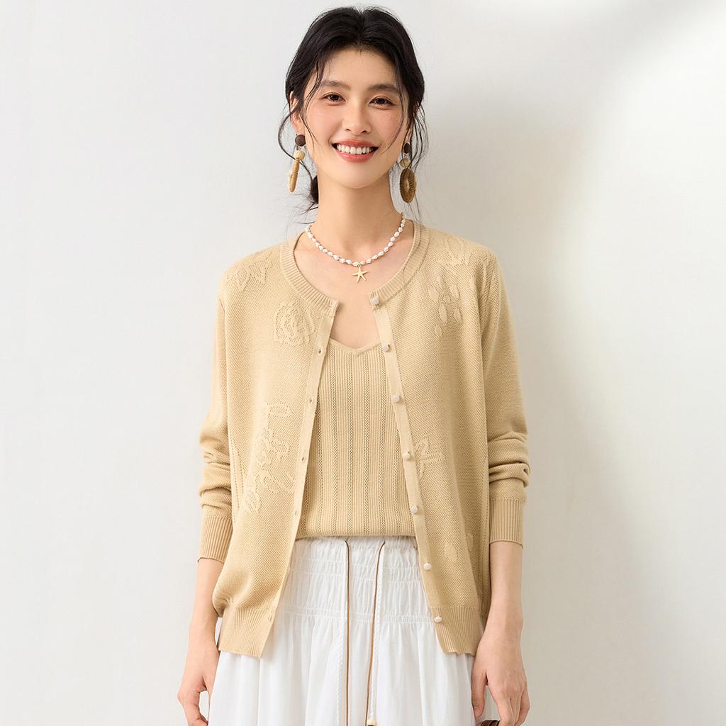 26 Year Spring Style Long-sleeved Cardigan with Mulberry Silk Texture, Mother's Clothing Style, Women's Knitted Sweater