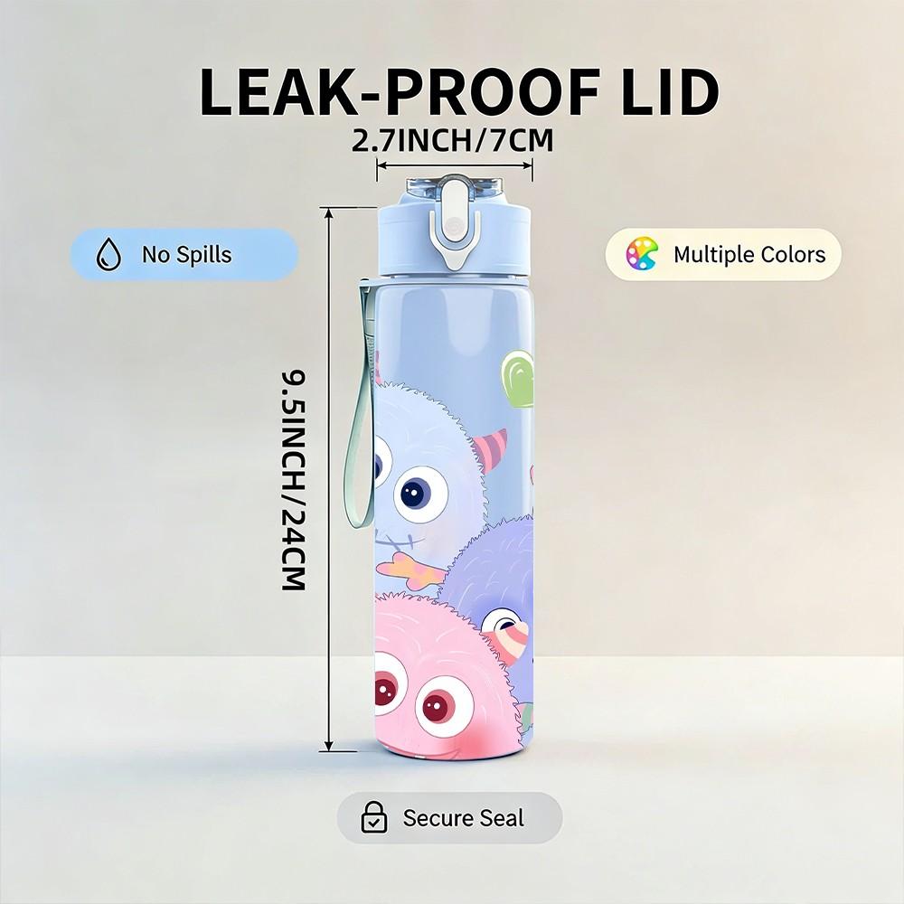 1PC Cute Round Monster Cartoon Print 750ml Color Plastic Sports Water Bottle Leakproof Flip Straw Lid Suitable for Sports Office Home Use