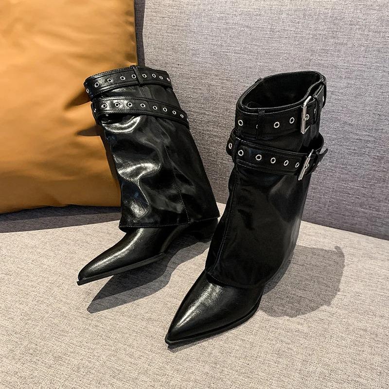 Fashion Autumn Vintage Thick Heel Women Western Cowgirl Boots Fashion Belt Buckle Ladies Elegant Slip On Mordern Mid Calf Booties