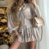 Elegant Bow Lace Up Skirts Set Women O Neck Long Sleeve Blouses High Waist Pleated Skirt Lady Outfits