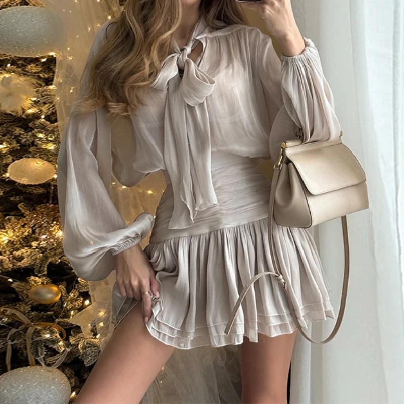 Elegant Bow Lace Up Skirts Set Women O Neck Long Sleeve Blouses High Waist Pleated Skirt Lady Outfits