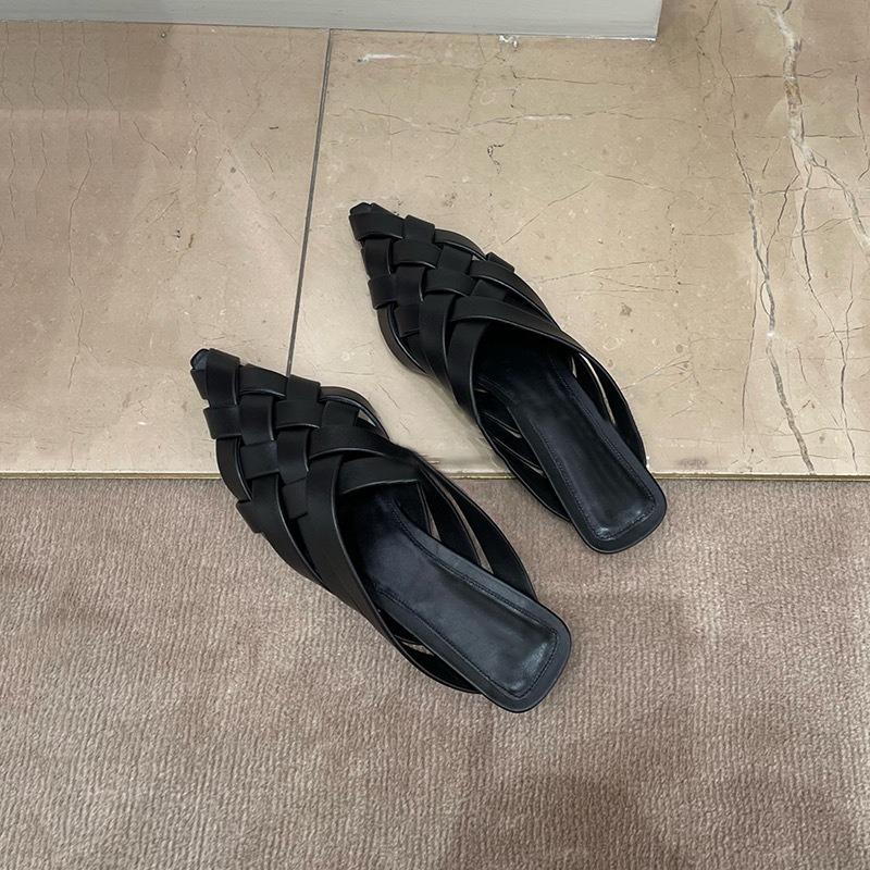 Spot Second Hair~ Leather Pointed Head Bag Head Hollow Woven Half Slippers Women's Summer Flat Bottom Sandals Muller Shoes Sandals
