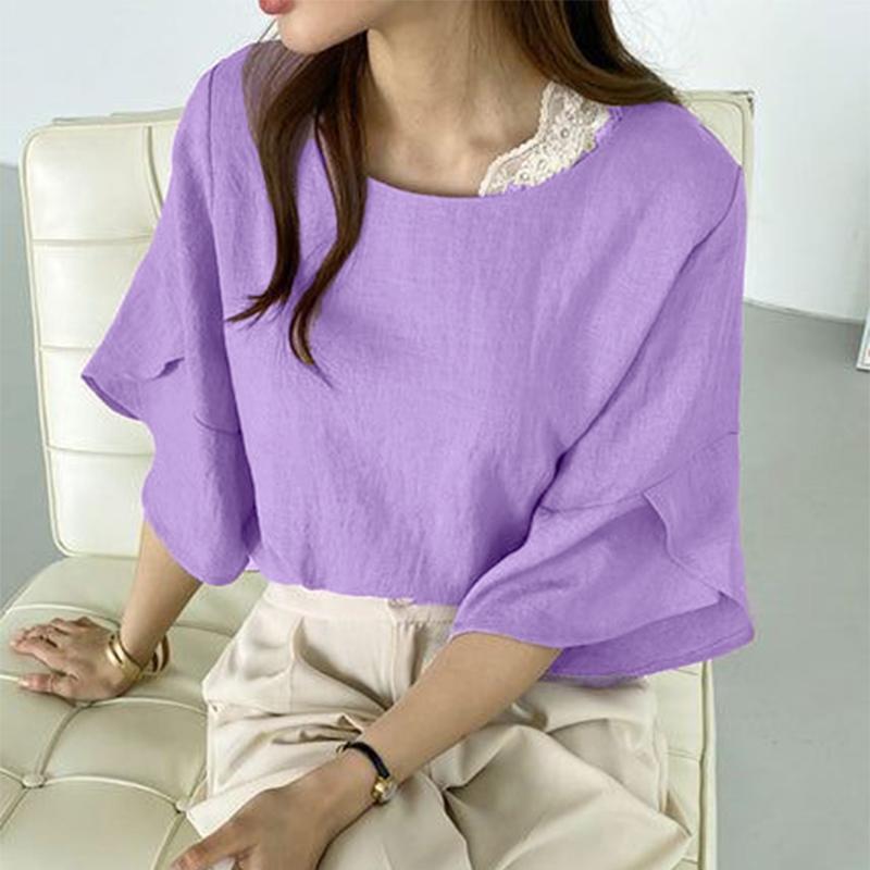 

ZANZEA Женская повседневная блузка с круглым вырезом, оборками и рукавами 3/4, свободного кроя 3XL фиолетовый