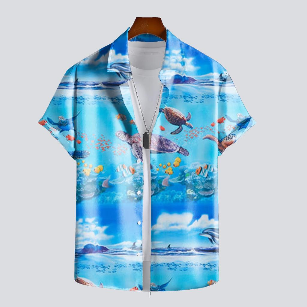 Ocean Life Print Short Sleeve Shirt, Stylish Casual Summer Wear