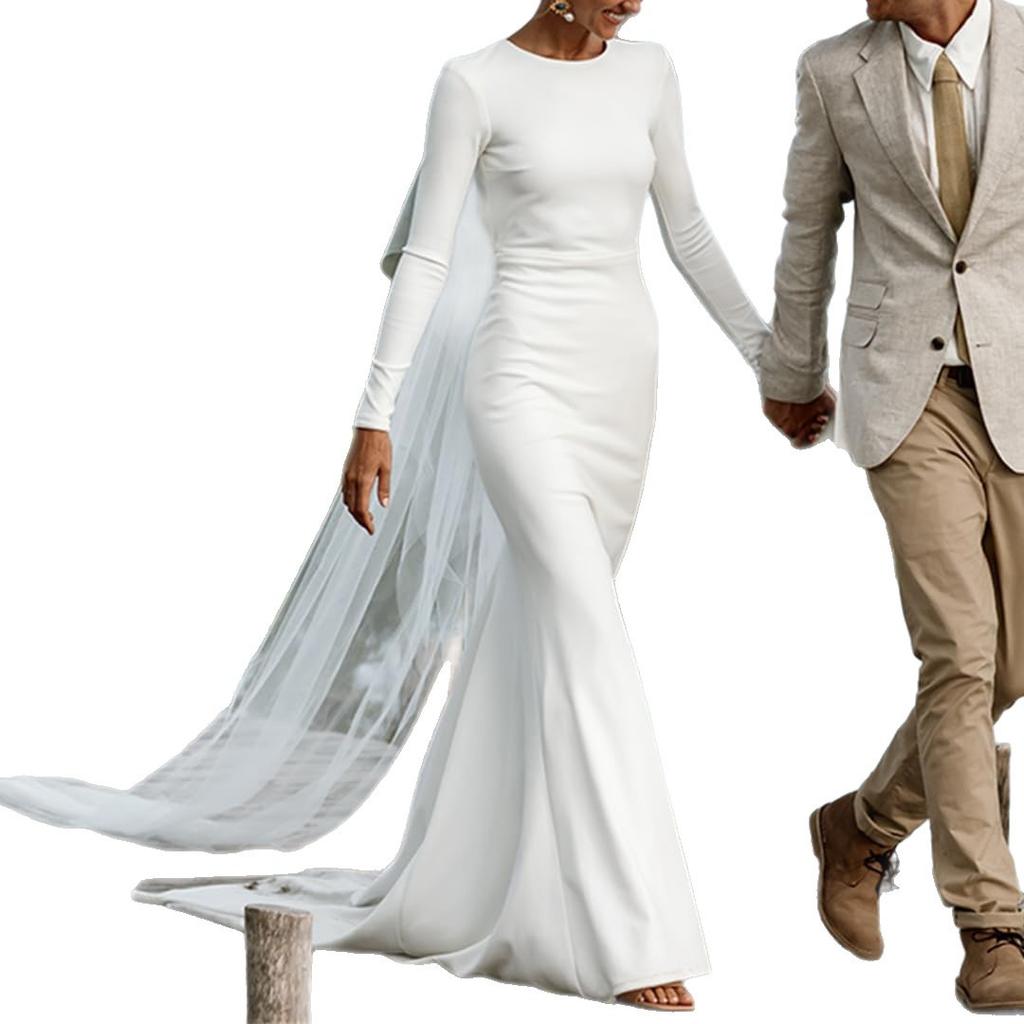 Long-sleeved fishtail light wedding dress light luxury temperament V-neck backless bride wedding dress French retro satin dress