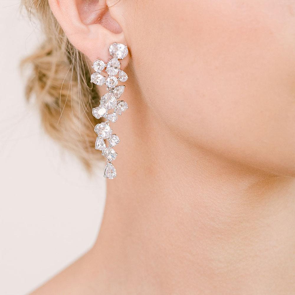 s Silver needle set with diamond geometric fringe earrings for women