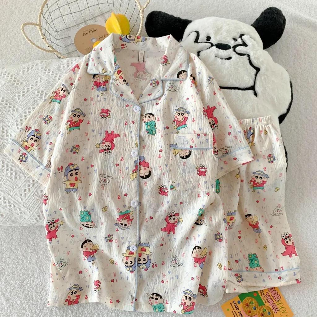 Women's Cartoon Cloud Cotton Pajama Set - Cardigan, Short Sleeve, Shorts, Home Wear