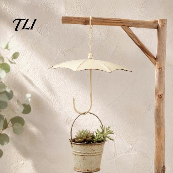 Flower Vessel for Balcony Vintage Iron Umbrella Hanging Planter, Rustic Wrought Pot with Wall Mounted Plant Basket Chain, Weatherproof Outdoor Garden