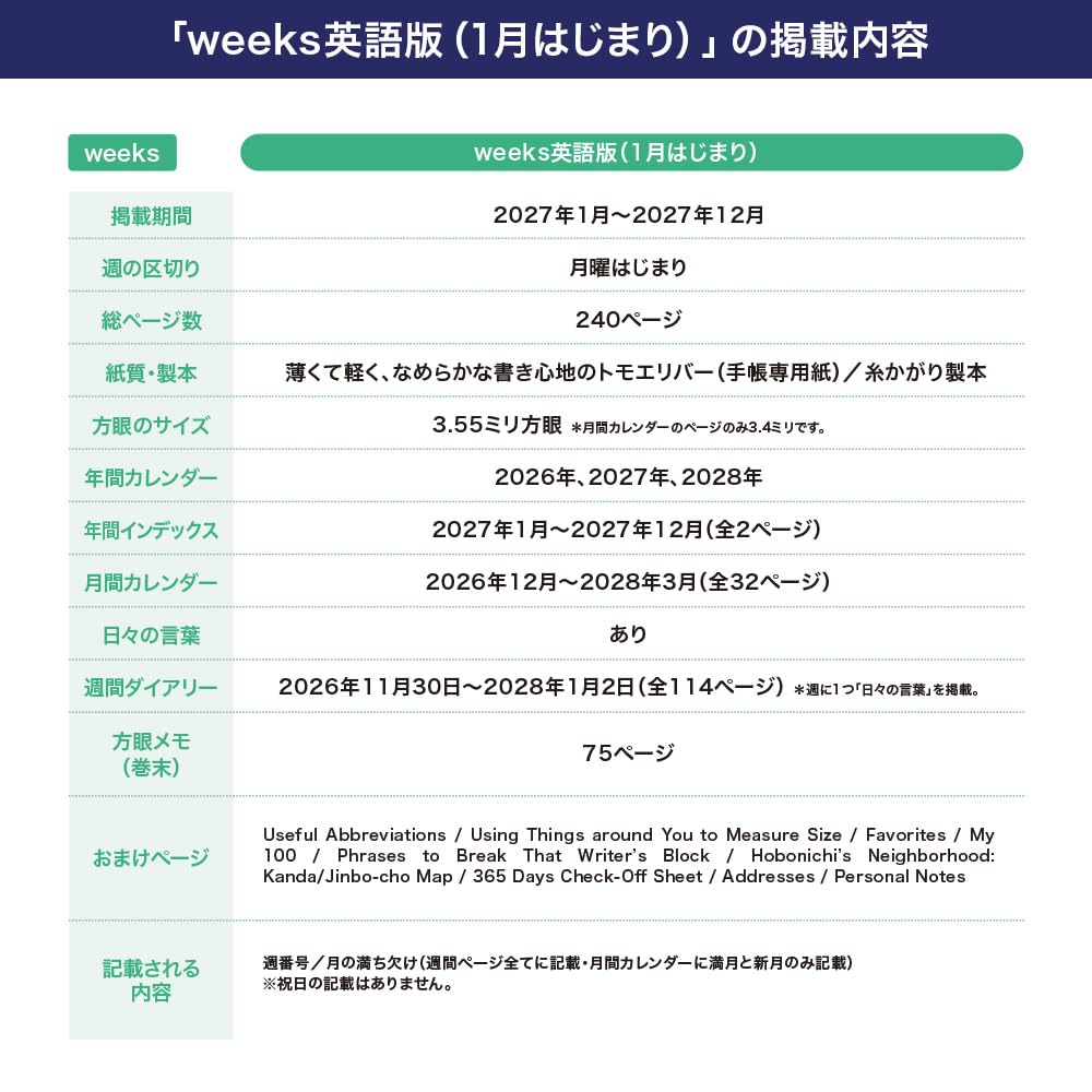 Hobonichi Techo 2027 Weeks English Edition the Table January Start Weekly Planner Weekly Left Slim Vertical Moomin/Around
