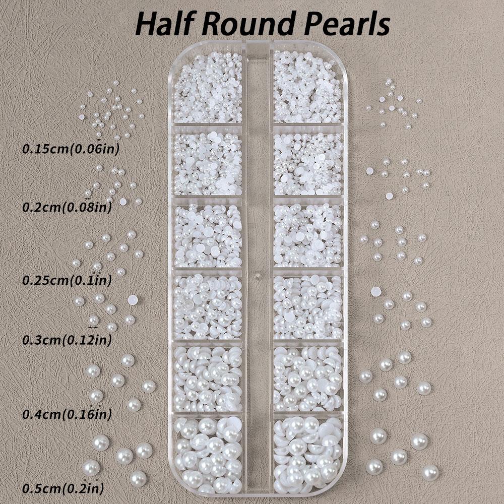 12grids Half Round Pearls Beads 3D Nail Charms 1.5/2/2.5/3/4/5mm White Flatback Pearls Nail Jewelry Nail Craft Pearl Rhinestones