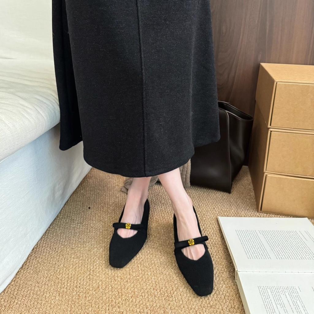 Bow season Mary Jane shoes women's small square head shallow mouth woolen plush warm ballet shoes