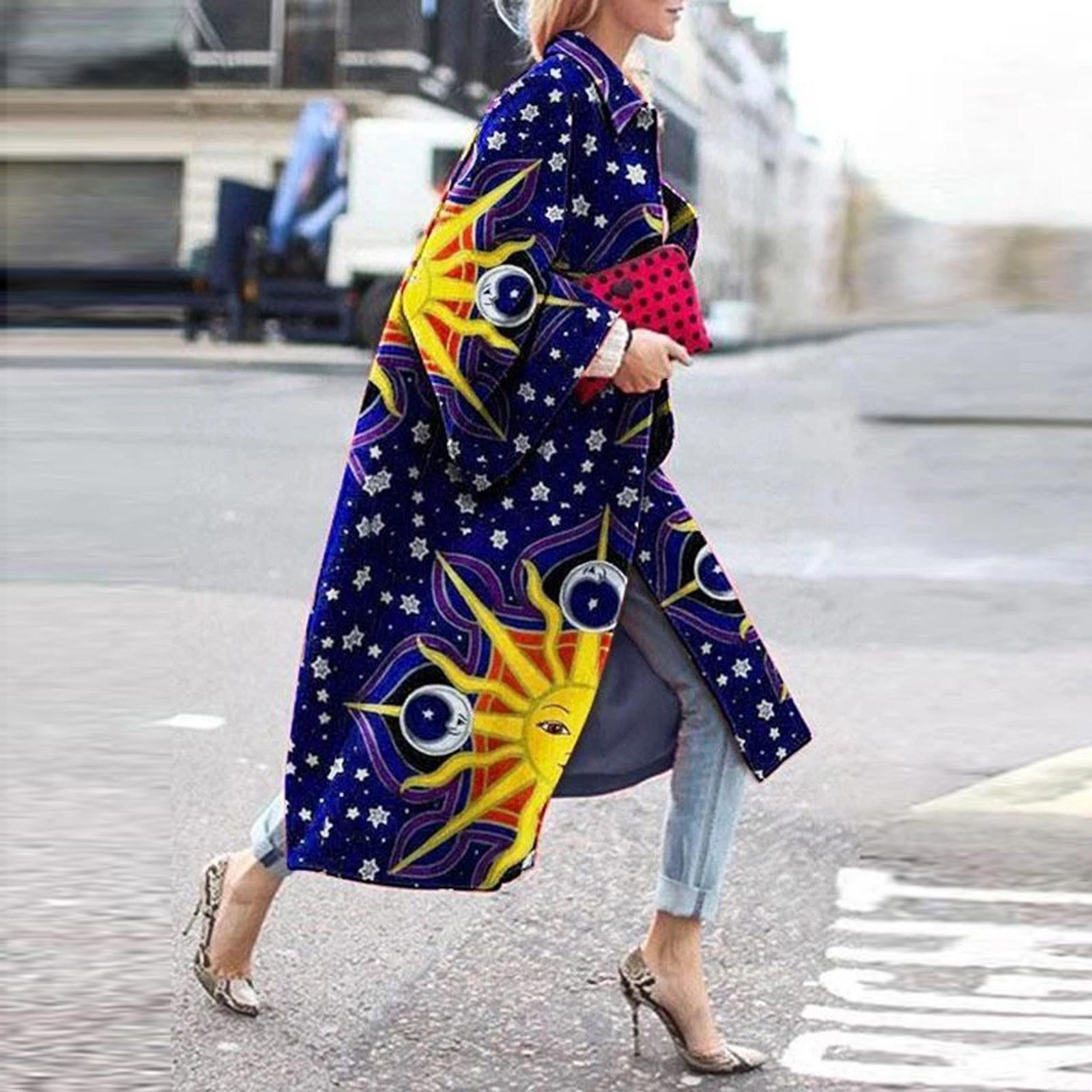 

Модная женская карманная куртка с принтом, верхняя одежда, кардиган, пальто, длинный плащ S тёмно-синий