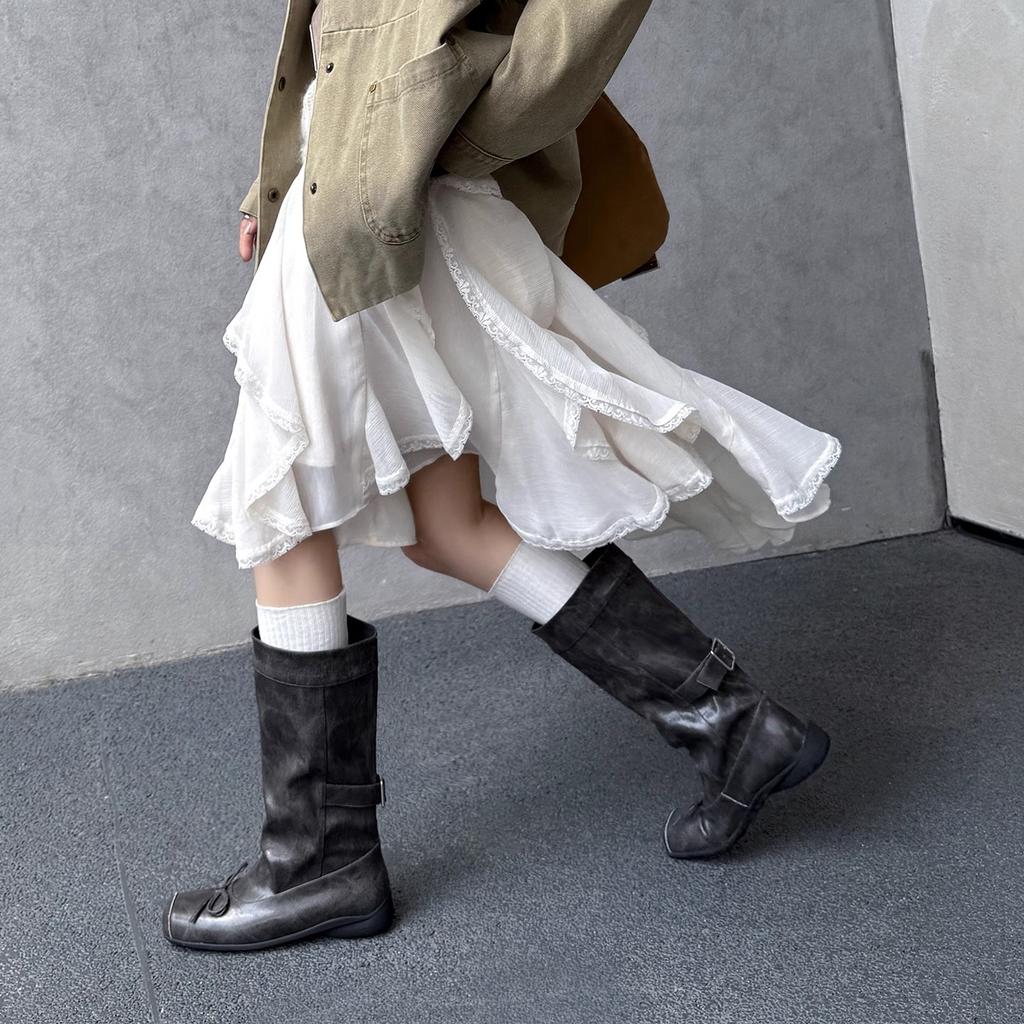 2025 New Leather Retro Belt Buckle Tube Boots Western Cowboy Boots Thick-soled Tall Knight Boots.