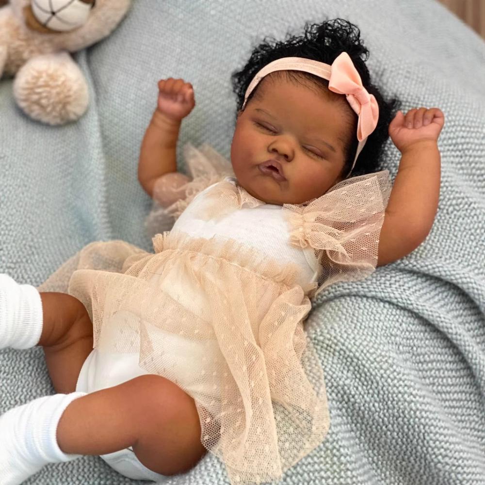 18 Inches Cloth Body Quinbee Reborn Dolls Realistic Sleeping Newborn Babies Doll with High Color Painted Dark Skin Lifelike Simulation Dolls for Kids