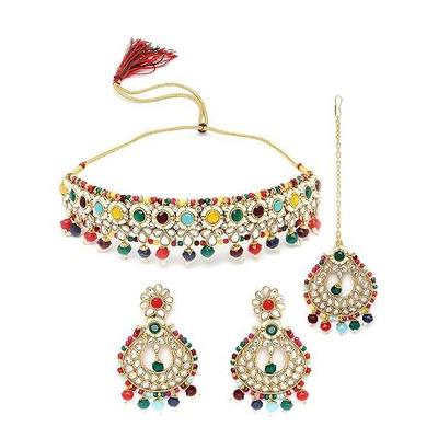 Delicioso Collar Gargantilla Redondo Dorado con Múltiples Kundan y Perlas Tachonado para Mujer