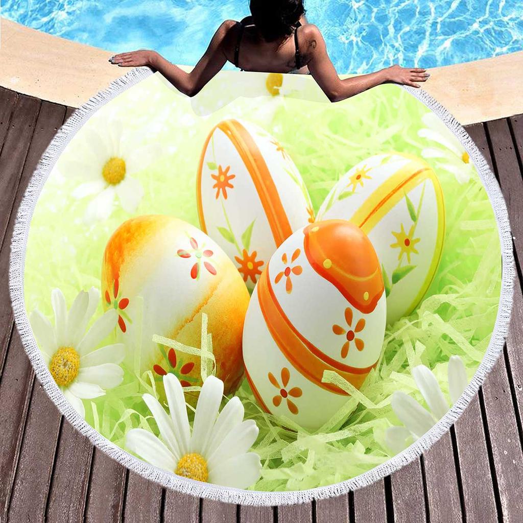 Easter Eggs Round Beach Towel with Tassels For Boys Girl Easter Gifts Microfiber Soft Sand Proof Absorbent Circle Swim Towel