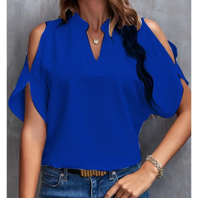 BITCED Women's Fashion Casual Solid Color Print Short Sleeve V Neck Blouses & Shirts