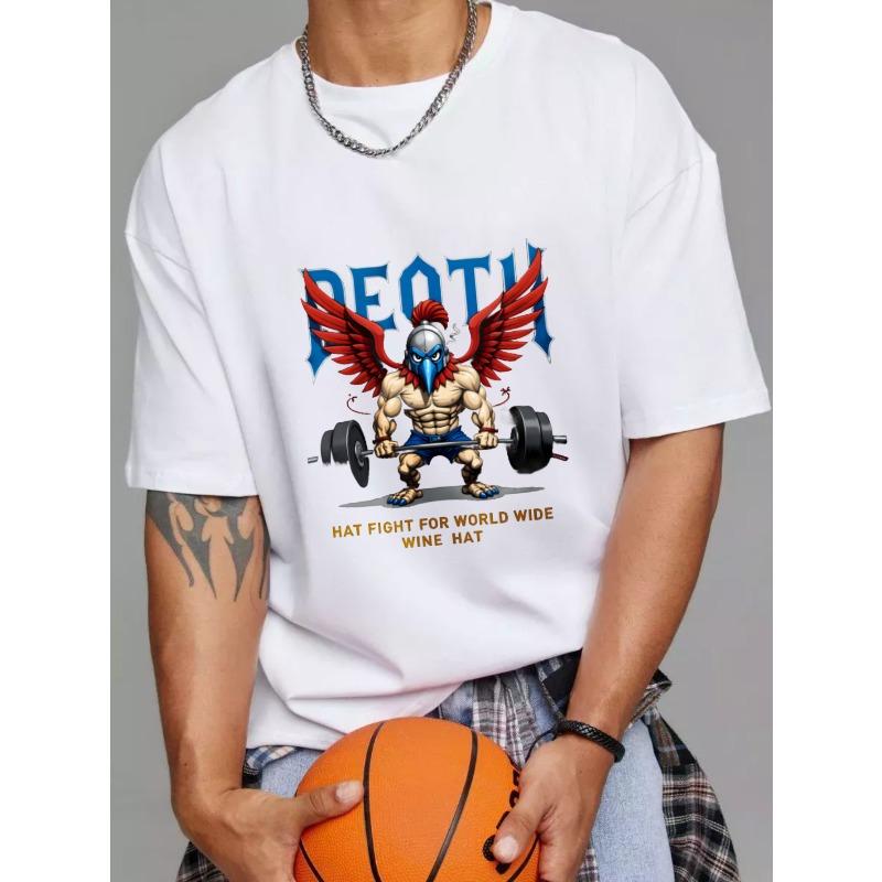 White T Shirt with Death Winged Warrior Lifting Barbell and Hat Fight for World Wide Wine Hat Print for Gym Fitness and Casual Wear