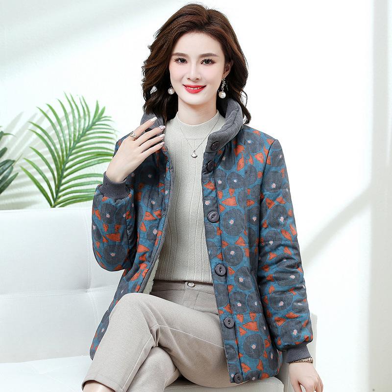 

Fleece-Lined Floral Coat for Middle-Aged Women - Warm, Padded Autumn/Winter Jacket 4XL (155-165 jin) глибокий/синій