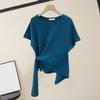T-shirt à manches courtes et col rond pour femme, ourlet irrégulier, élastique, fin, couleur unie, pull ample, streetwear, été