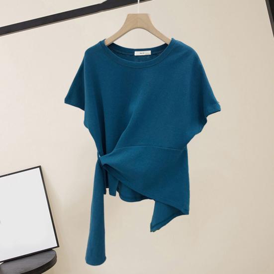 T-shirt à manches courtes et col rond pour femme, ourlet irrégulier, élastique, fin, couleur unie, pull ample, streetwear, été