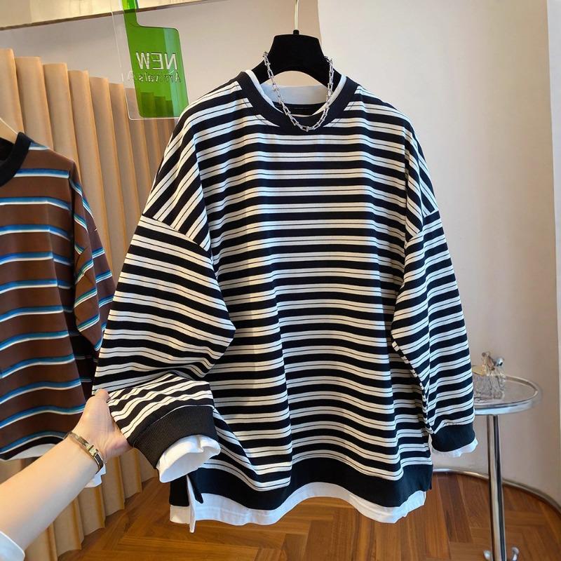 Women Plus Size Casual Loose Striped Fake Two Piece Long Sleeve Daily Sweatshirt