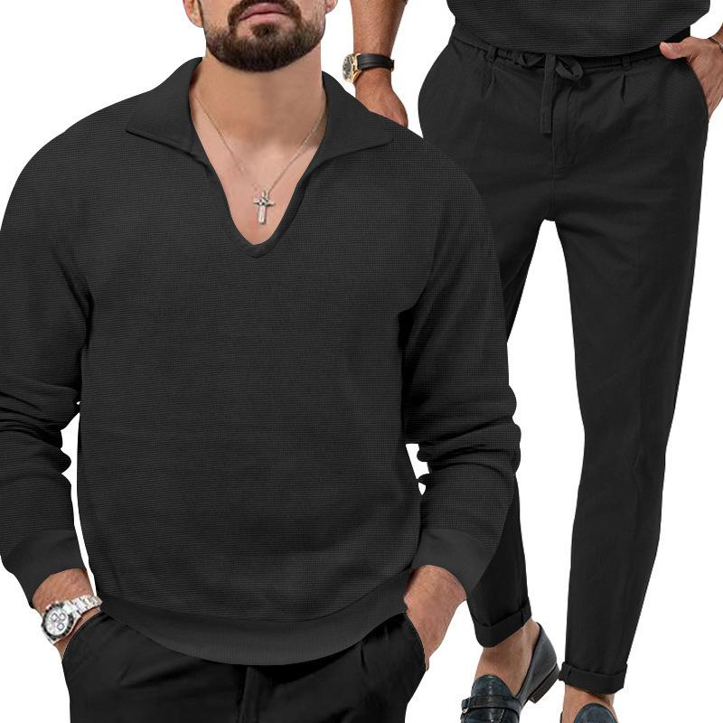 Autumn/Winter New Arrival: Men's Waffle Weave Casual Long-Sleeved Top and Trousers Two-Piece Set