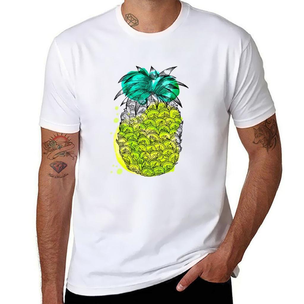 Juice Pineapple. Hand Drawn Tropical Fruit with Watercolour Splash T-Shirt Cotton Tshirt 100% Cotton T Shirts Man 100% T-Shirt