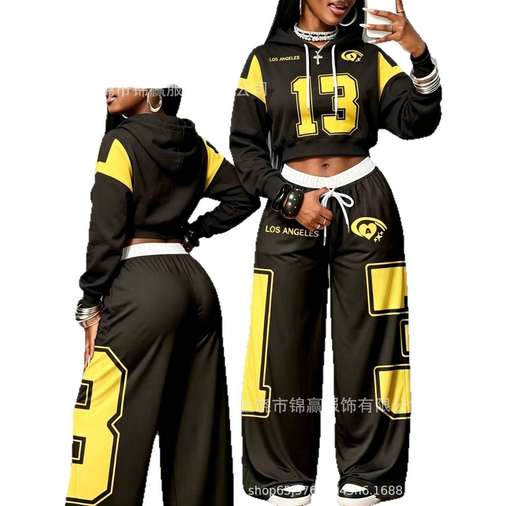 Conjunto deportivo casual talla grande, sudadera con capucha de hombros caídos en bloques de color, pantalones anchos fluidos, ropa de calle para mujer