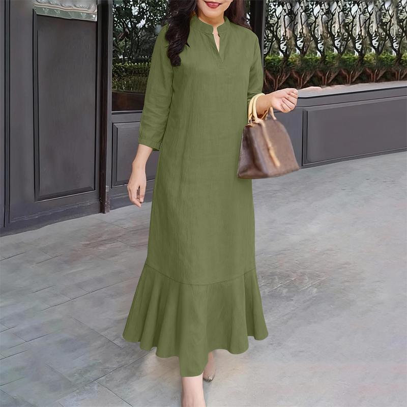 ZANZEA Women Casual V-Neck 3/4 Sleeve Solid Color Long Dress