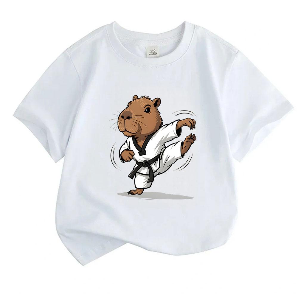 Kids Boys Girls 100% Cotton Crew Neck Short Sleeve T-Shirt, Funny Capybara Taekwondo Karate Martial Arts Cartoon Print Casual Cute Tee for Children Da