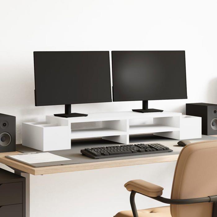 VidaXL Support de moniteur avec rangement blanc bois d'ingénierie, support de moniteur pour bureau, étagère de moniteur, 854688