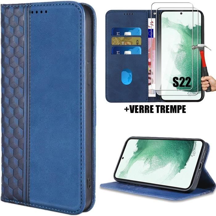 Coque de protection - BOOLING - pour Samsung Galaxy S22 - Effet cuir bleu marine - Motif mosaïque - 2 verres trempés