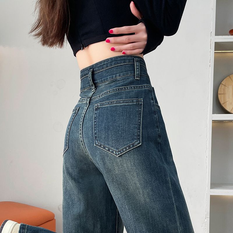 Vintage Style Straight Jeans for Women In Spring and Autumn Latest Style Small High-waisted Floor Slimming Relaxed Fit Wide-leg Pants