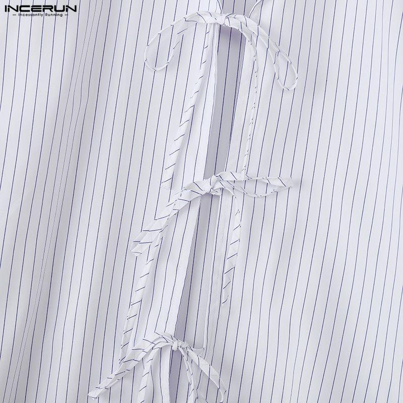 INCERUN Men Lapel Neck Short Sleeve Striped Lace-up Casual Loose Oversized Shirts
