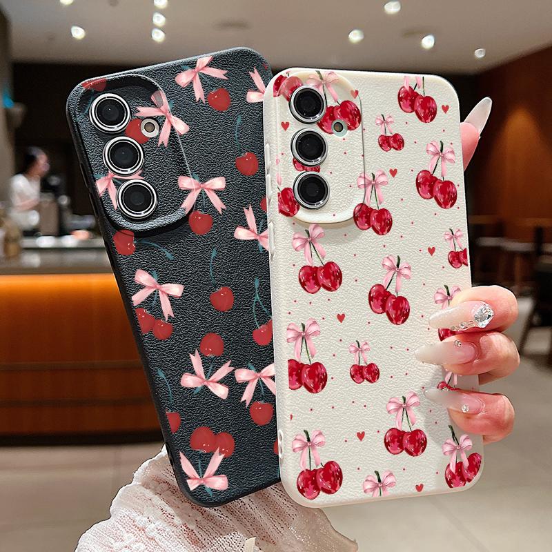 Cherry Bowknots Print Case For Samsung S26 Ultra S25 A18 S24 S23 S22 S21 FE A15 A16 A17 A35 A36 A37 A54 A55 A56 A57 Leather Texture Silicone Cover