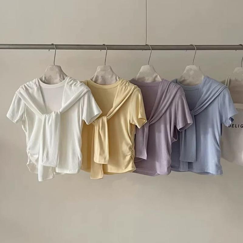 Simple Korean Round Neck Short-sleeved Women's Summer New Niche Design Shawl Top Trendy